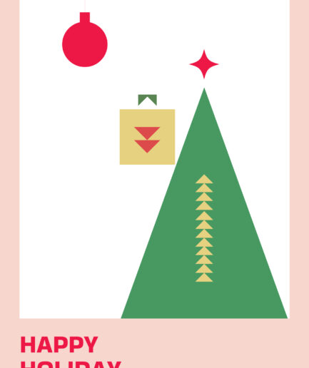 A simple minimalist holiday card with festive colors and a Christmas tree design.