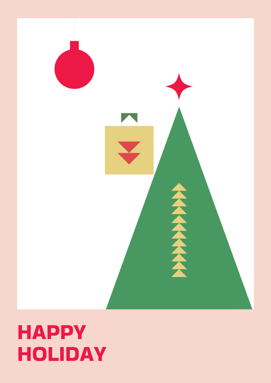 A simple minimalist holiday card with festive colors and a Christmas tree design.