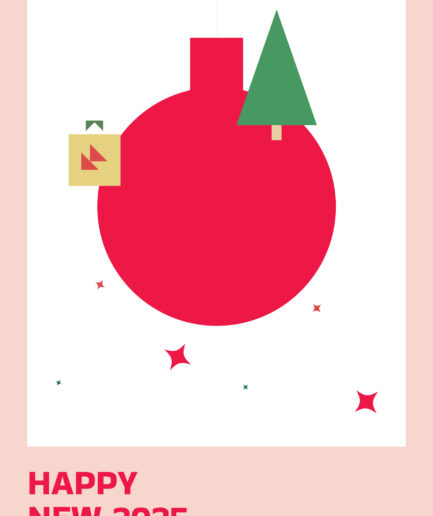 Bold and vibrant Happy New Year 2025 card with a festive red ornament.