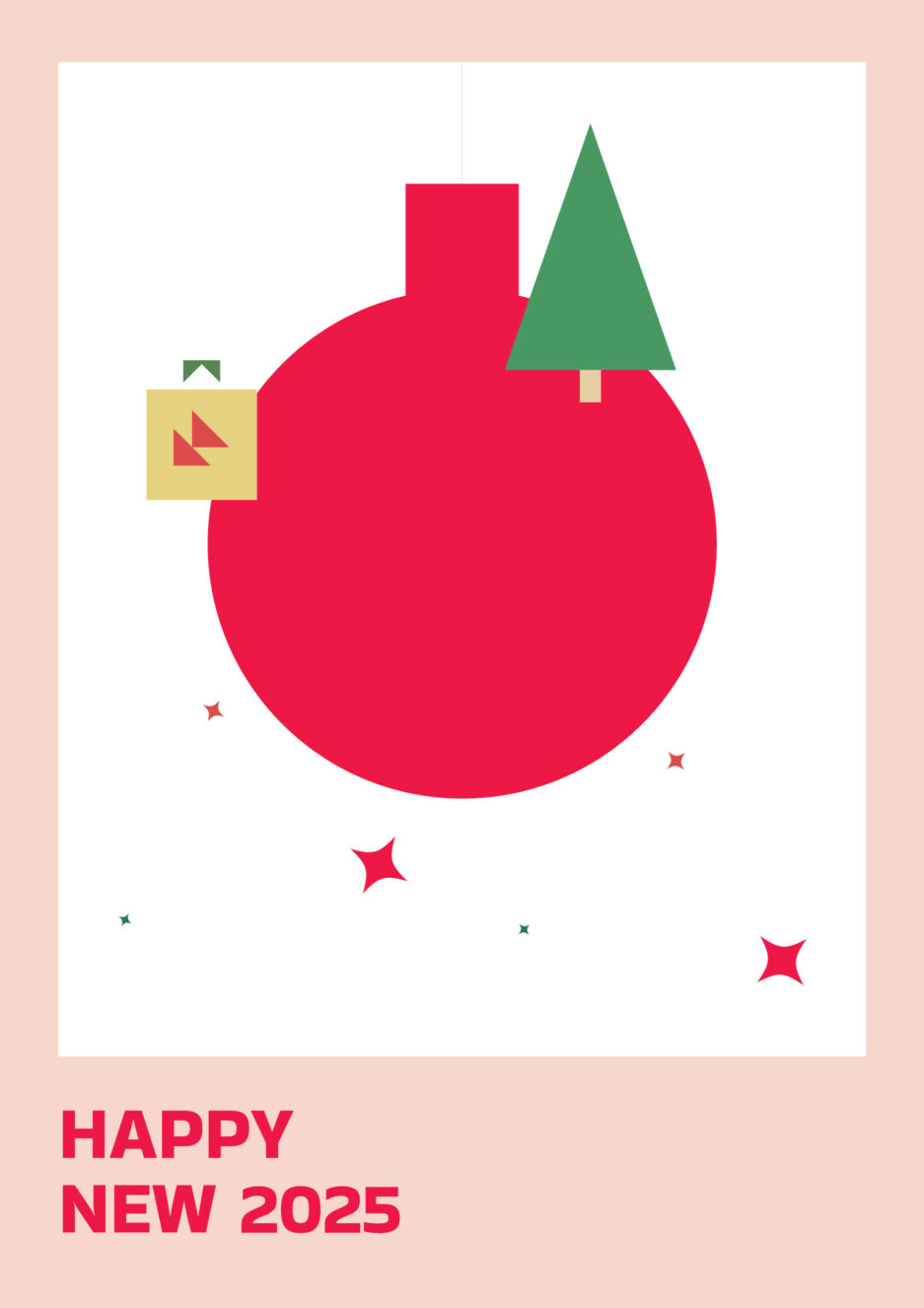 Bold and vibrant Happy New Year 2025 card with a festive red ornament.